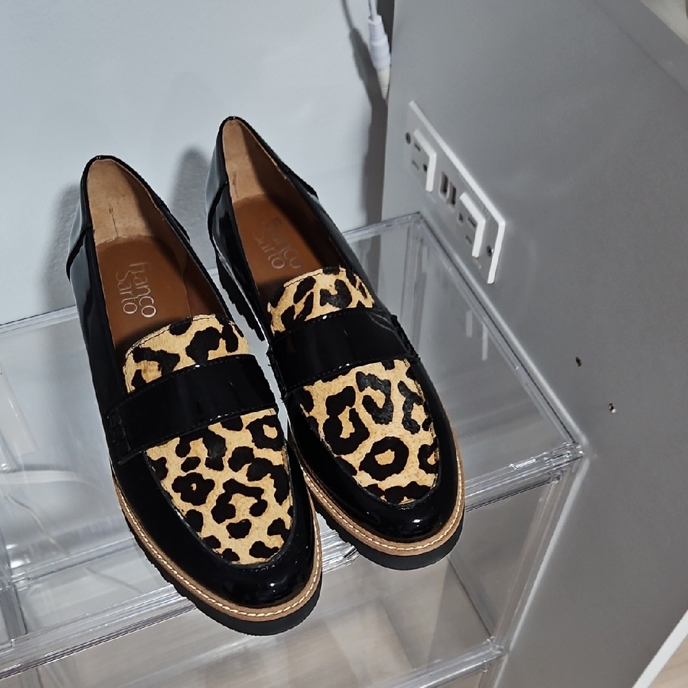 Franco Sarto Black and Leopard Print Loafers